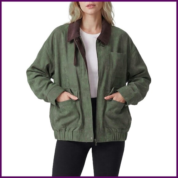 Oversized Faux Suede Bomber Jacket with Corduroy Collar